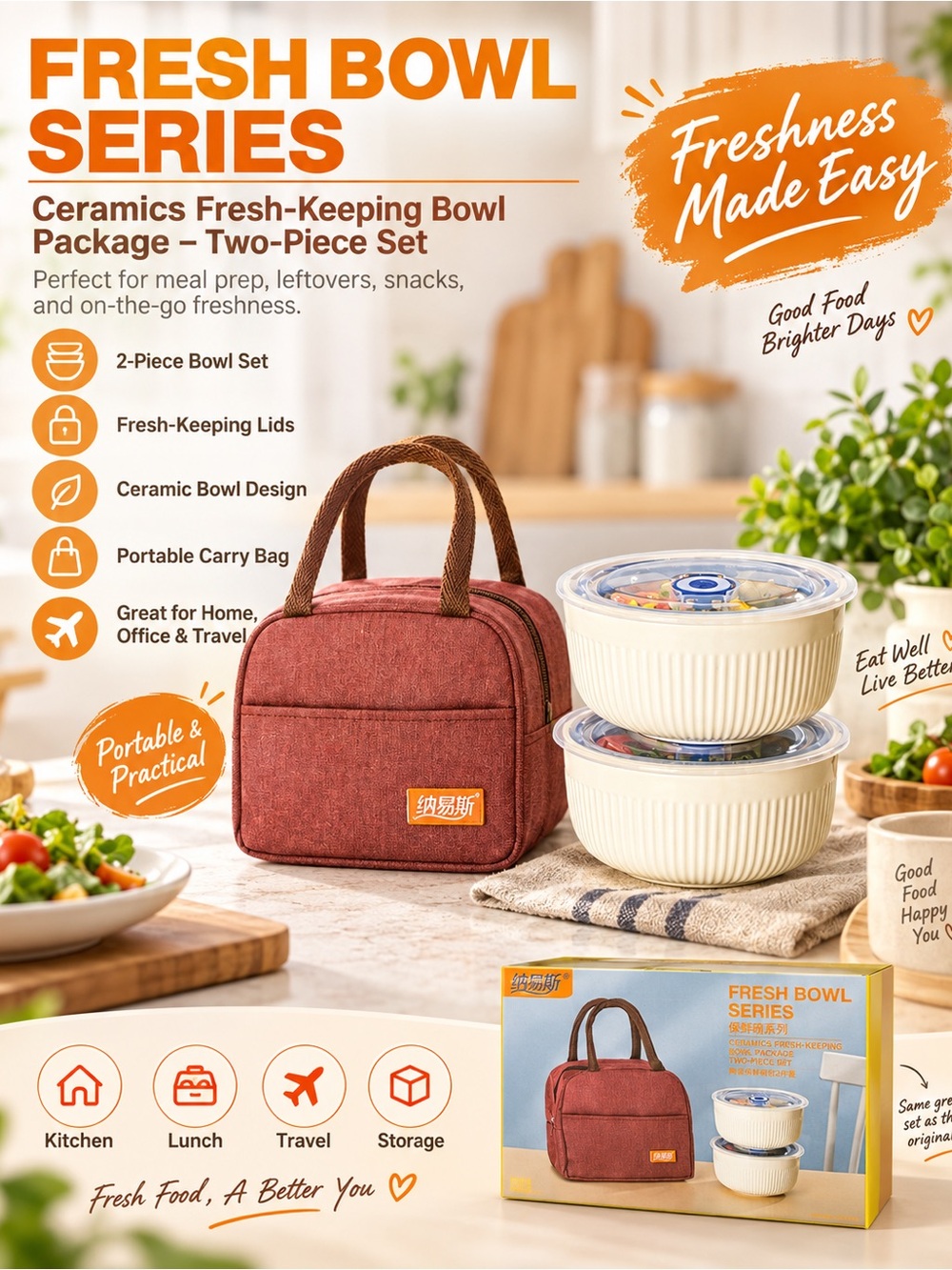 Ceramic Fresh-Keeping Bowl Set with Red Carry Bag